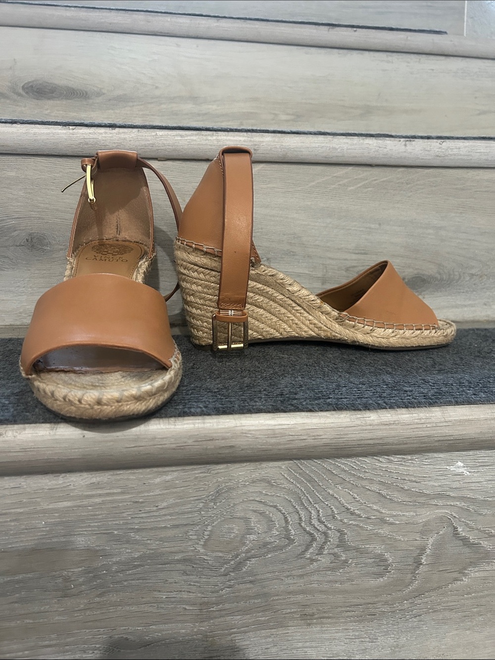 Vince Camuto Tan Leather Espadrille Wedge Sandals